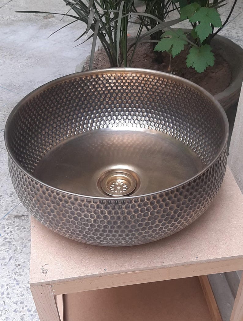Artisanal Hammered Brass Drop-In Basin with Flanged Rim