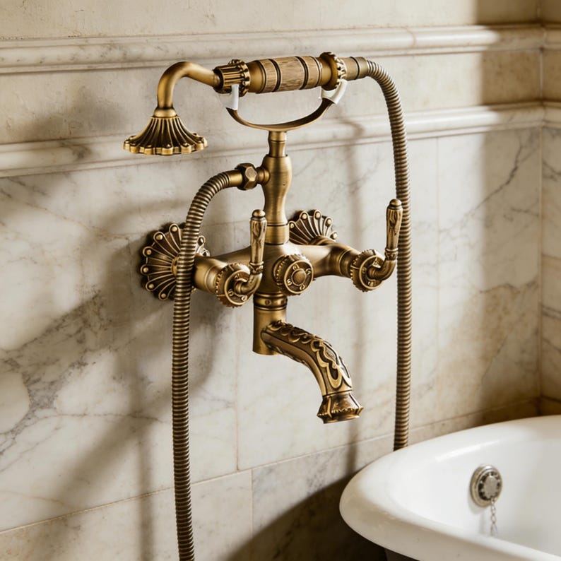Ornate Antique Brass Victorian Tub Filler & Handheld Shower