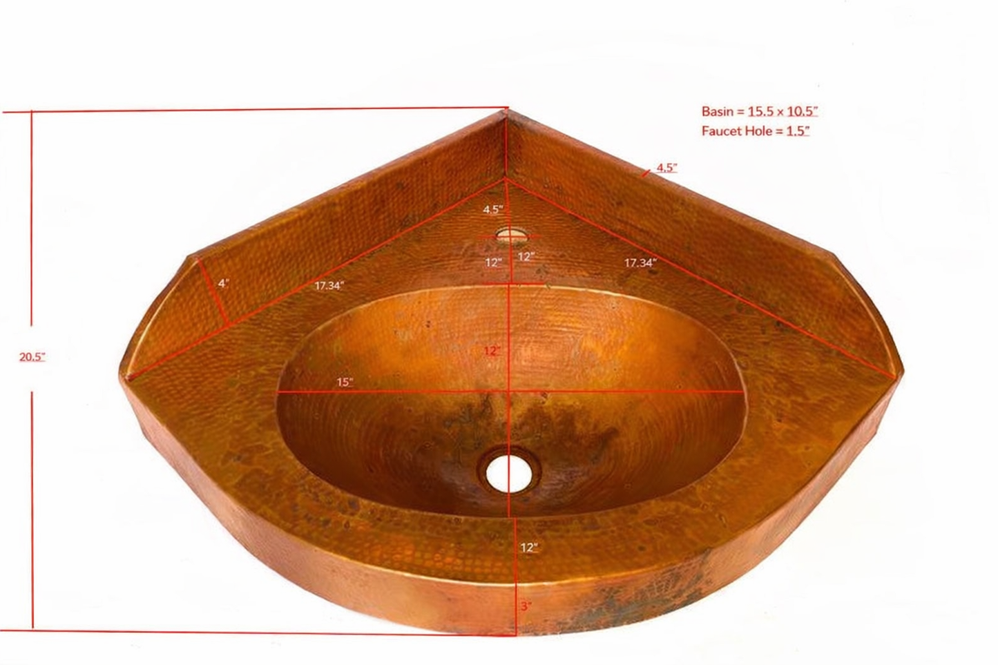Hand-Hammered Copper Corner wall Sink