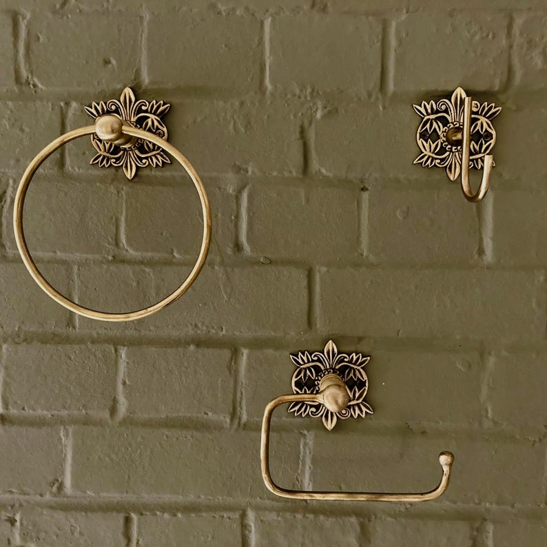 Antique Brass Bathroom Accessories Floral Filigree Towel Ring, Robe Hook, Toilet Roll Holder