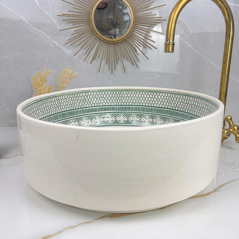 Hand-Painted Moroccan Ceramic Vessel Sink with Brass Faucet
