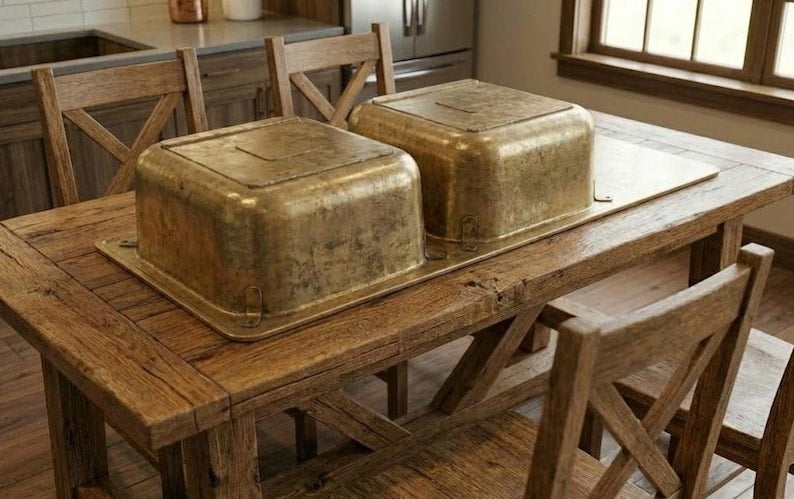 Handcrafted Unlacquered Brass Double-Bowl Kitchen Sink