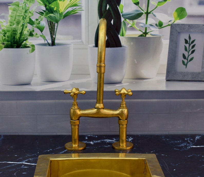 Brass Bridge Kitchen Faucet with Matching Side Sprayer