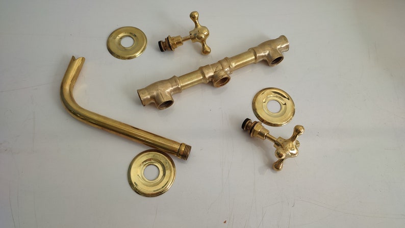 Unlacquered Brass Wall Mounted Bathroom Sink Faucet