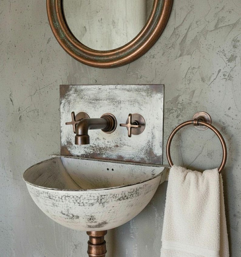 Hand-Hammered Moroccan Copper Vanity Set with Distressed White Patina and Matching Mirror