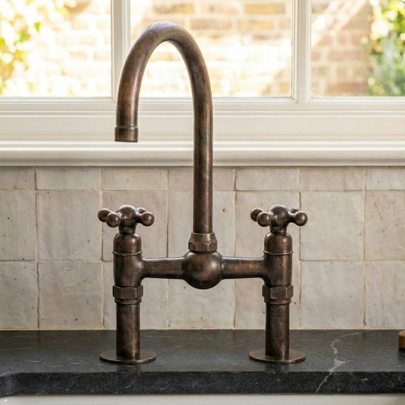 Antique Copper Bridge Kitchen Faucet with Gooseneck Spout