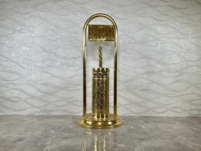 Handmade Solid Brass Toilet Paper Holder with Stand – Moroccan Engraved Freestanding Bathroom Accessory