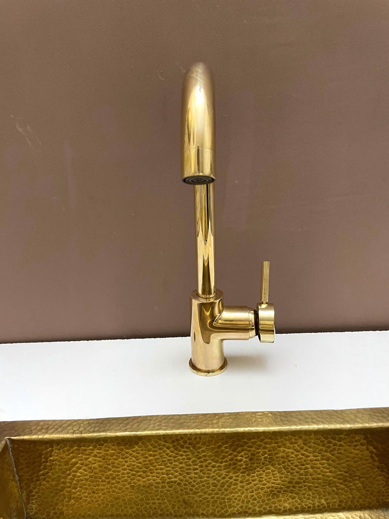 Polished Brass Gooseneck Kitchen Faucet with Lever Handle