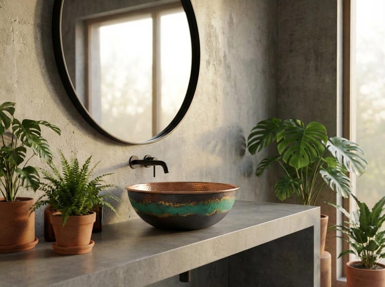 Hammered Copper Vessel Sink with Green Patina Accent