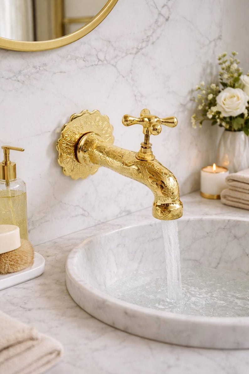 Engraved Polished Brass Wall Mount Bathroom Faucet