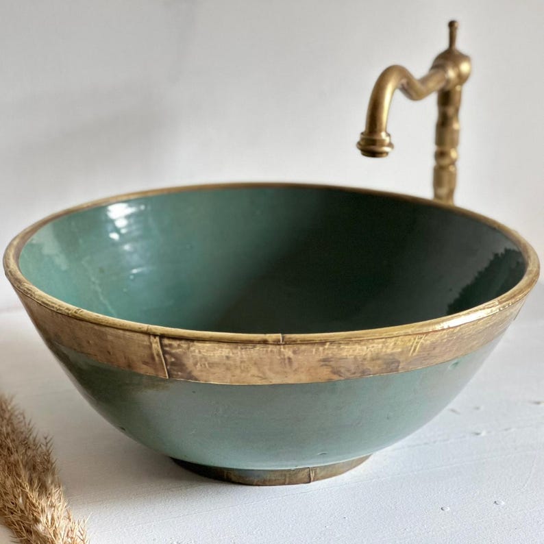 Green Patina Copper Vessel Sink with Brass Rim