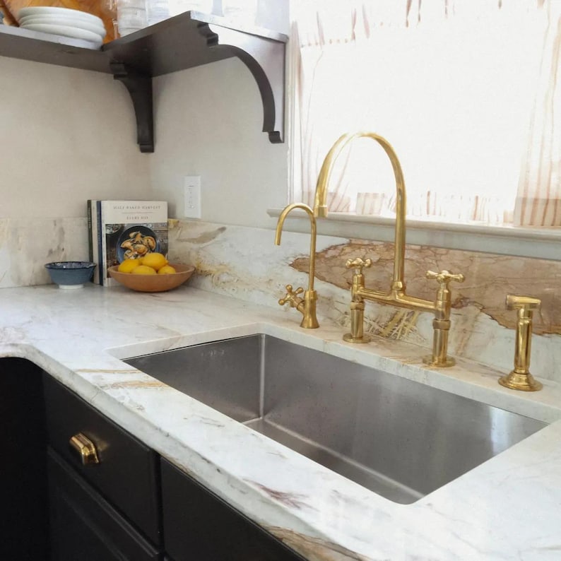 Luxury Unlacquered Brass Bridge Kitchen Faucet