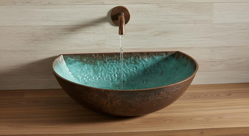 Hand-Hammered Moroccan Copper Vessel Sink with Turquoise Verdigris Interior