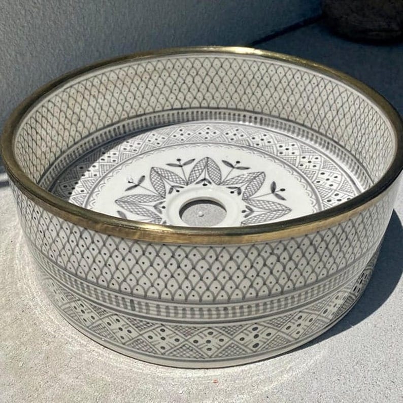 Hand-Painted Moroccan Ceramic Vessel Sink with Brass Rim