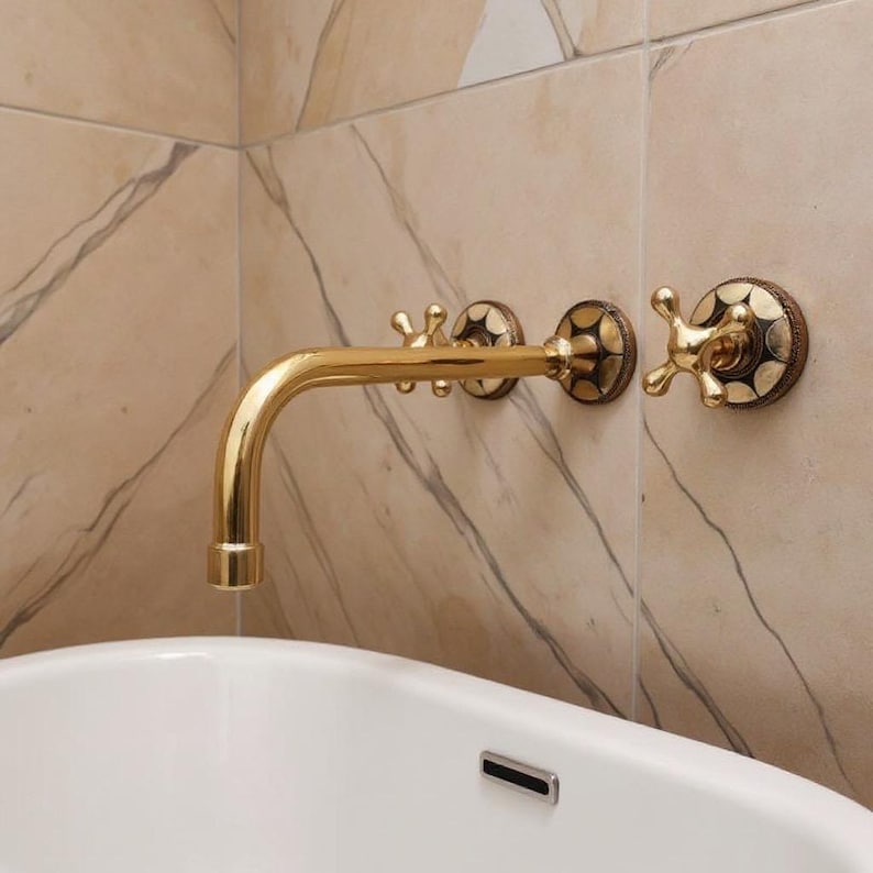Moroccan Mosaic Brass Wall Mount Faucet with Curved Spout