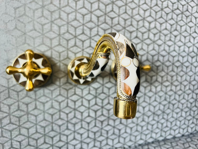 Moroccan Inlay Vessel Sink with Matching Mosaic Wall Mount Faucet
