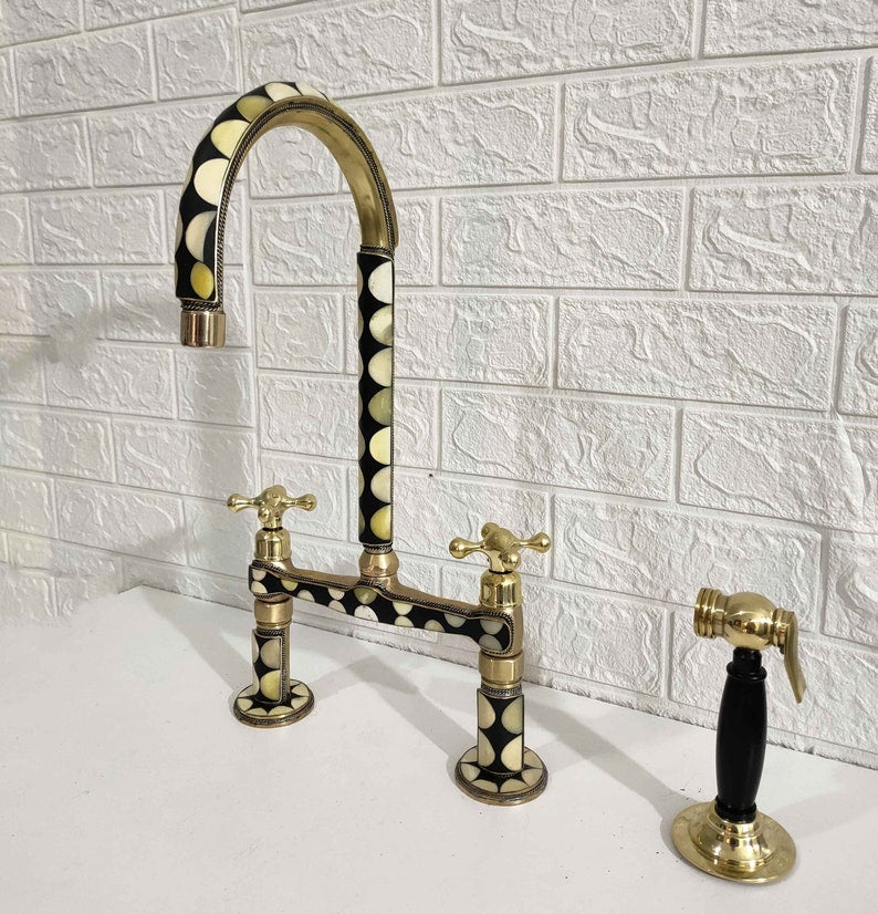 Mother of Pearl Inlay Brass Bridge Kitchen Faucet