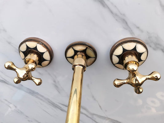 Moroccan Mosaic Brass Wall Mount Faucet with Curved Spout
