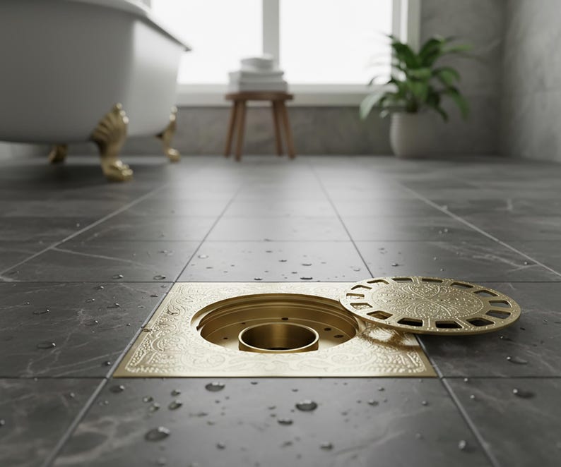 Engraved Solid Brass Square Floor Drain Cover – Ornate Moroccan Shower Drain Grate