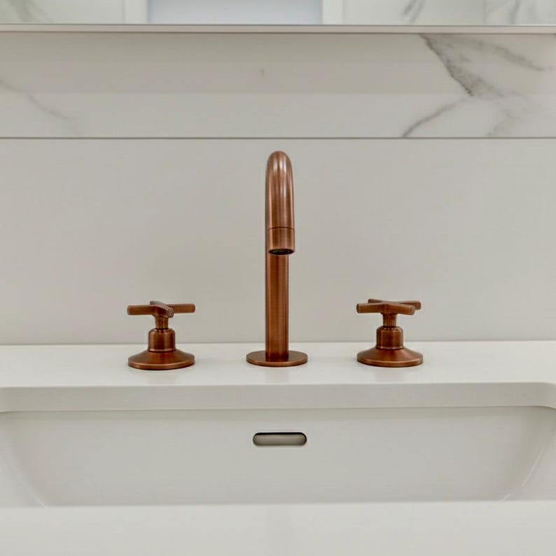 Weathered Copper Gooseneck Faucet – Widespread 3-Hole Sink Mixer
