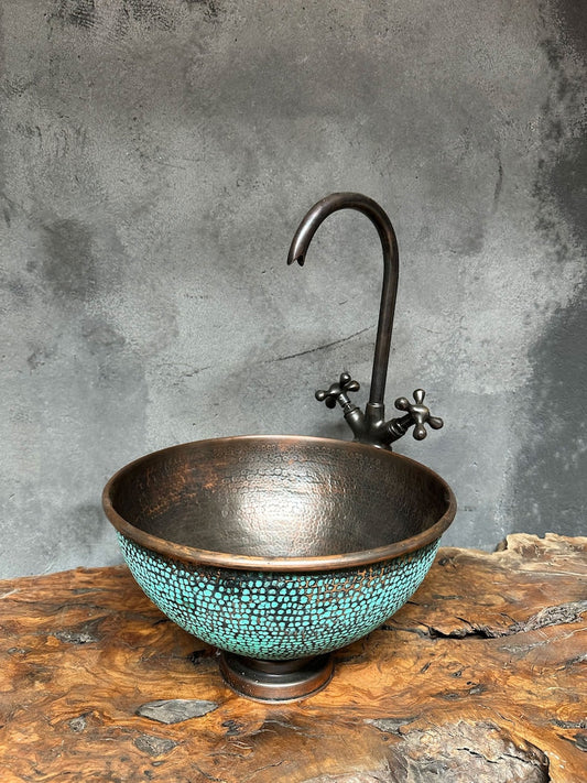Rustic Verdigris Copper Bowl Basin with Antique Interior