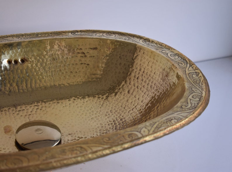 Hand-Engraved Hammered Brass Oval Drop-In Sink