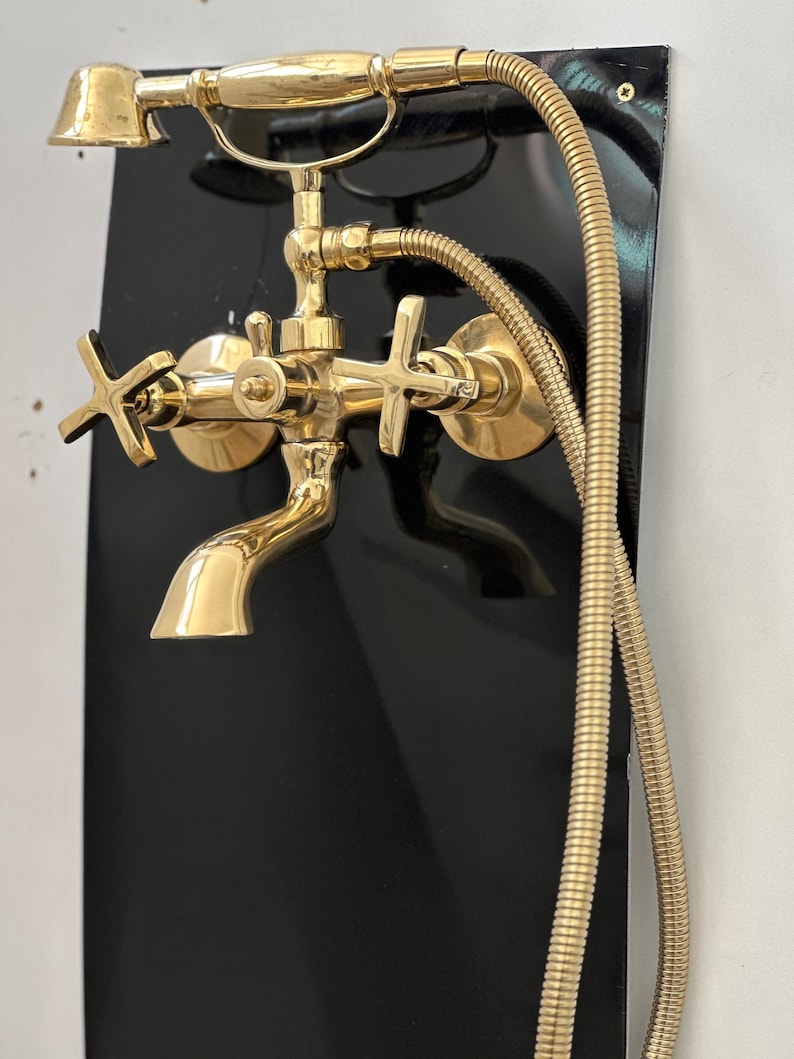 Unlacquered Brass Wall-Mounted Bath Filler with Hand Sprayer