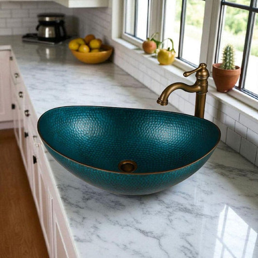 Teal Hammered Copper Oval Sink
