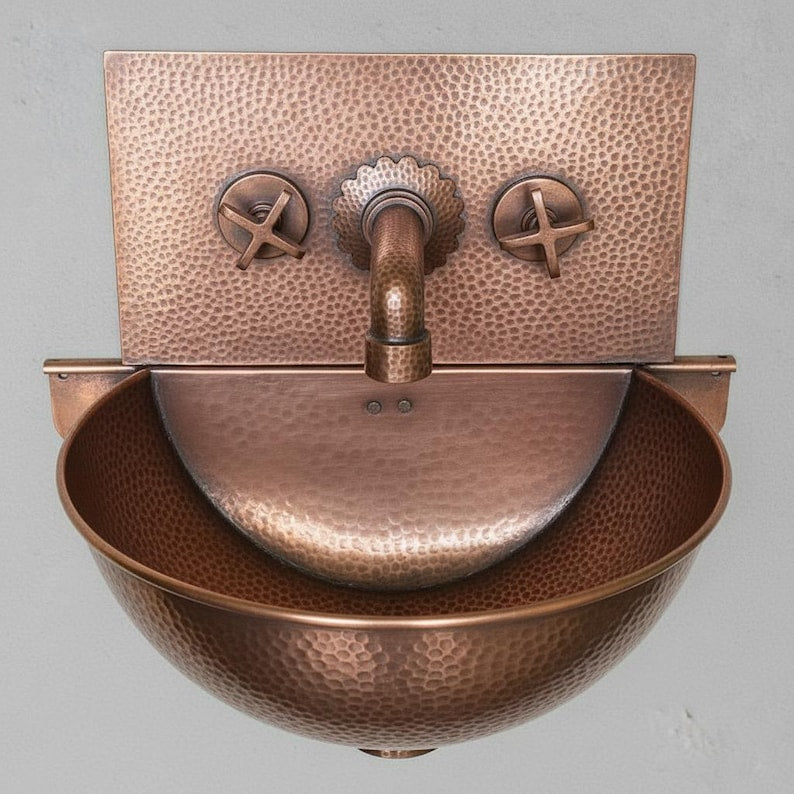 Hand-Hammered Moroccan Copper Wall-Mount Sink with Textured Backsplash