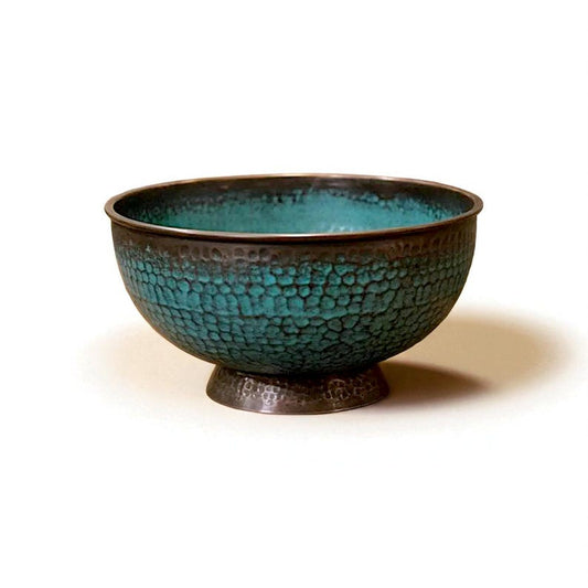 Footed Copper Vessel Sink with Teal Verdigris