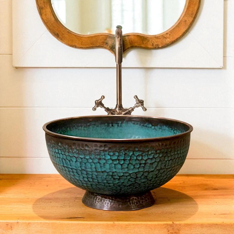 Footed Copper Vessel Sink with Teal Verdigris