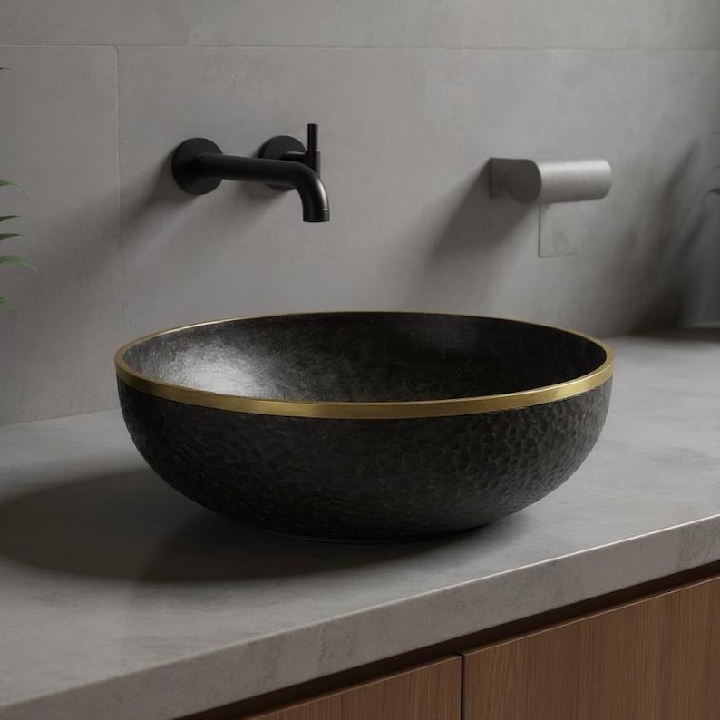 Matte Black Hammered Basin with Gold Rim