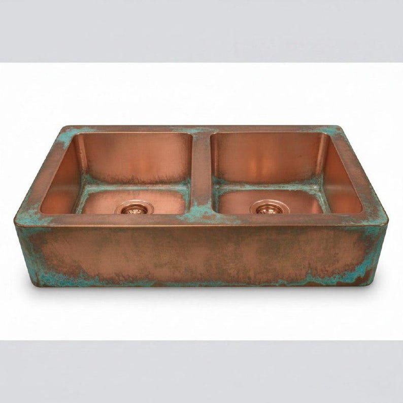 Hammered Copper Farmhouse Sink Double-Bowl Patina Finish