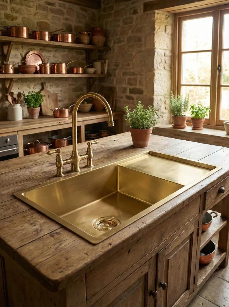 Brass Kitchen Sink with Integrated Drainboard