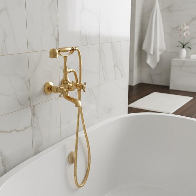 Luxury Brushed Brass Telephone Tub Filler with Handheld Shower