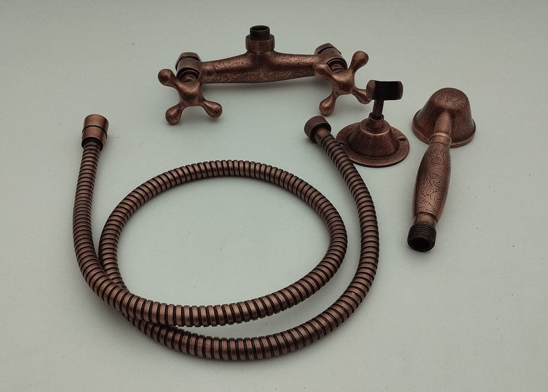 Engraved Antique Copper Shower Set with Exposed Mixer