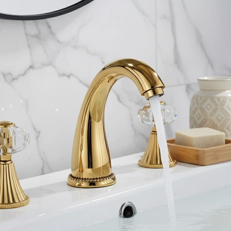 Luxury Polished Gold Widespread Faucet with Crystal Knobs
