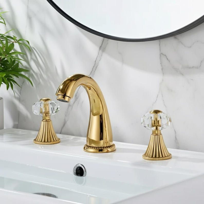 Luxury Polished Gold Widespread Faucet with Crystal Knobs
