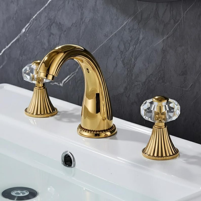 Luxury Polished Gold Widespread Faucet with Crystal Knobs