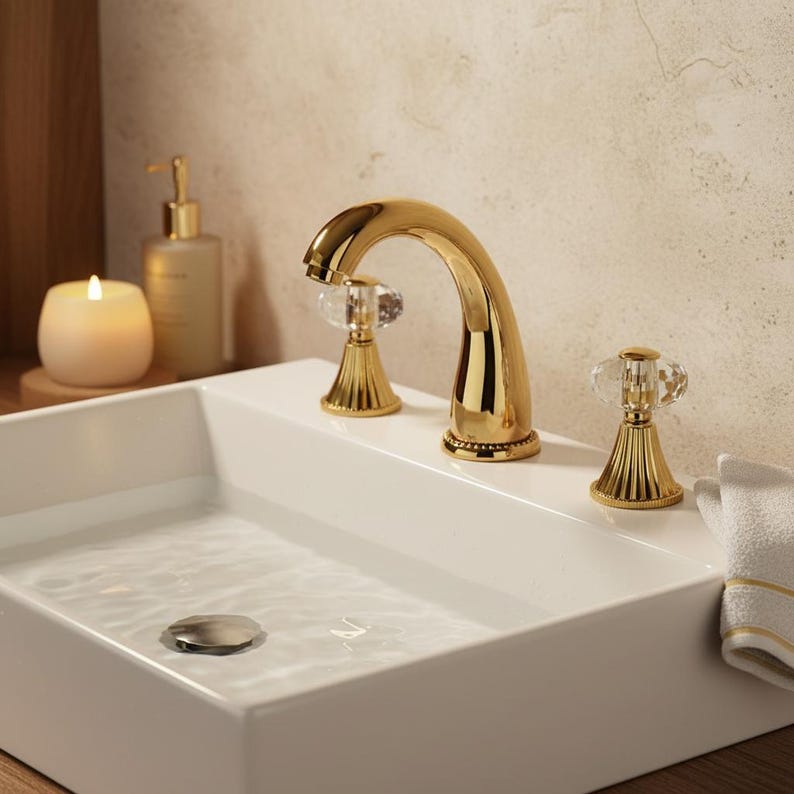 Luxury Polished Gold Widespread Faucet with Crystal Knobs