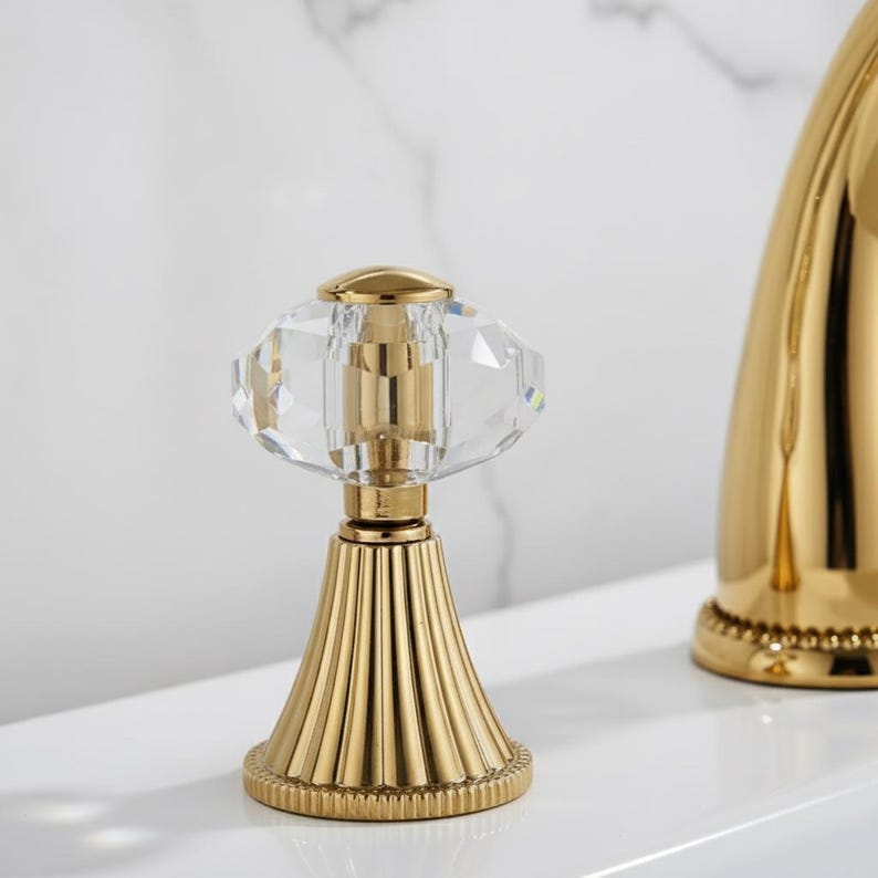 Luxury Polished Gold Widespread Faucet with Crystal Knobs
