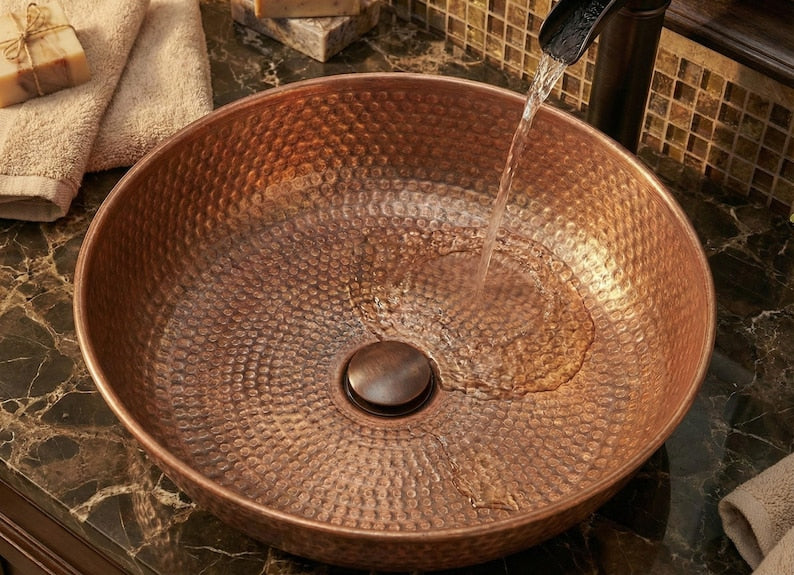 Contemporary Hammered Brass Round Countertop Basin