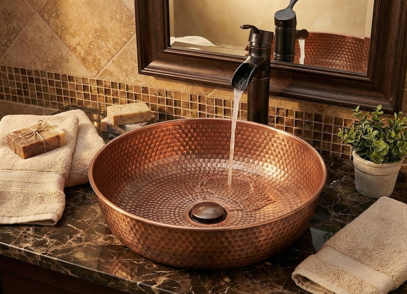 Contemporary Hammered Brass Round Countertop Basin