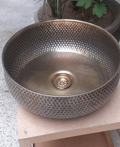 Artisanal Hammered Brass Drop-In Basin with Flanged Rim