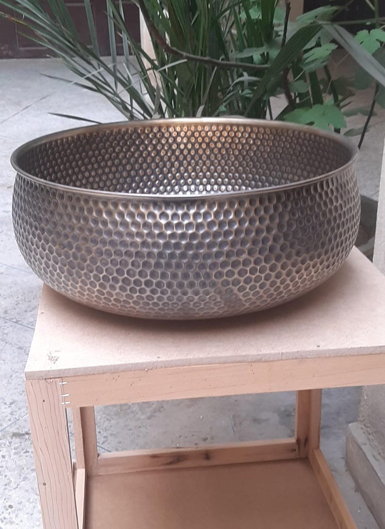 Artisanal Hammered Brass Drop-In Basin with Flanged Rim