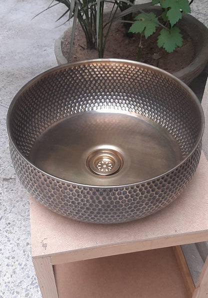 Artisanal Hammered Brass Drop-In Basin with Flanged Rim