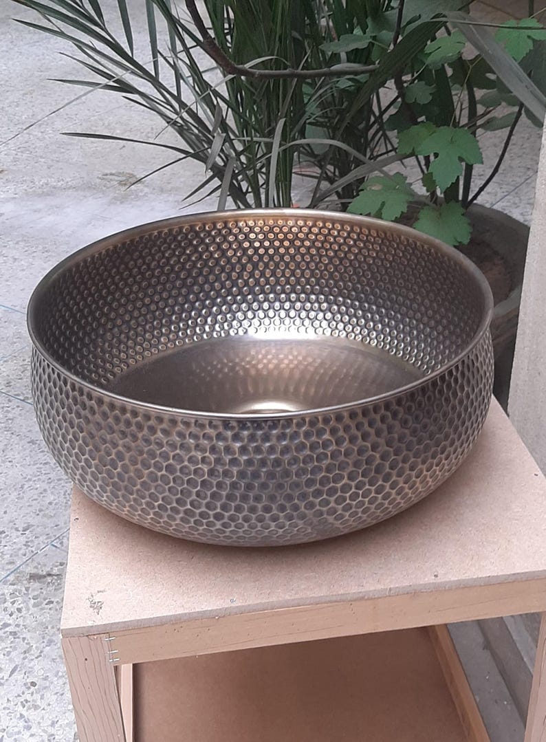 Artisanal Hammered Brass Drop-In Basin with Flanged Rim