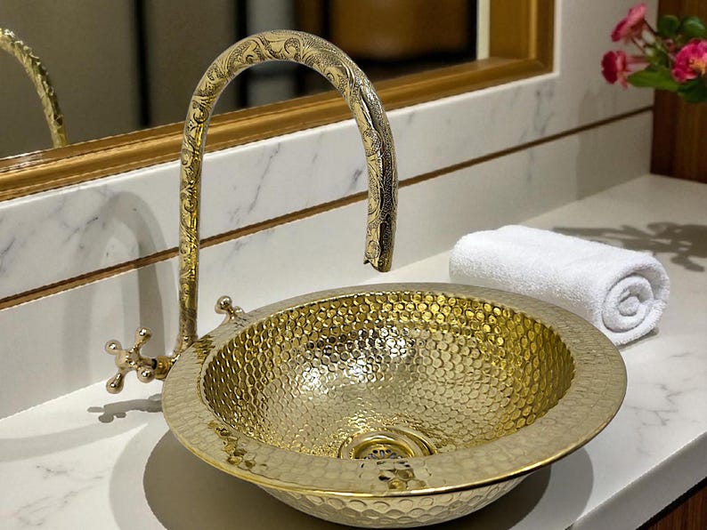 Artisanal Hammered Brass Drop-In Basin with Flanged Rim