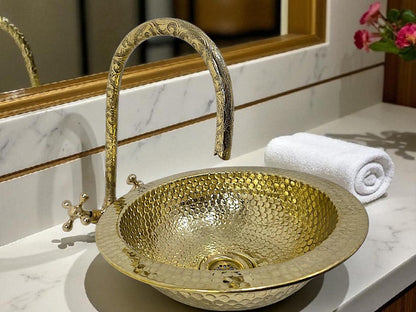 Artisanal Hammered Brass Drop-In Basin with Flanged Rim