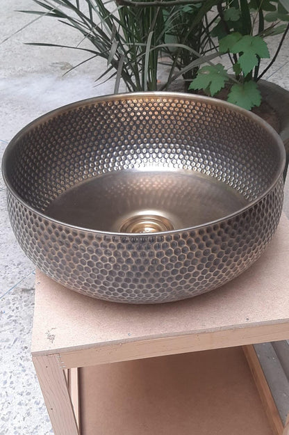 Artisanal Hammered Brass Drop-In Basin with Flanged Rim